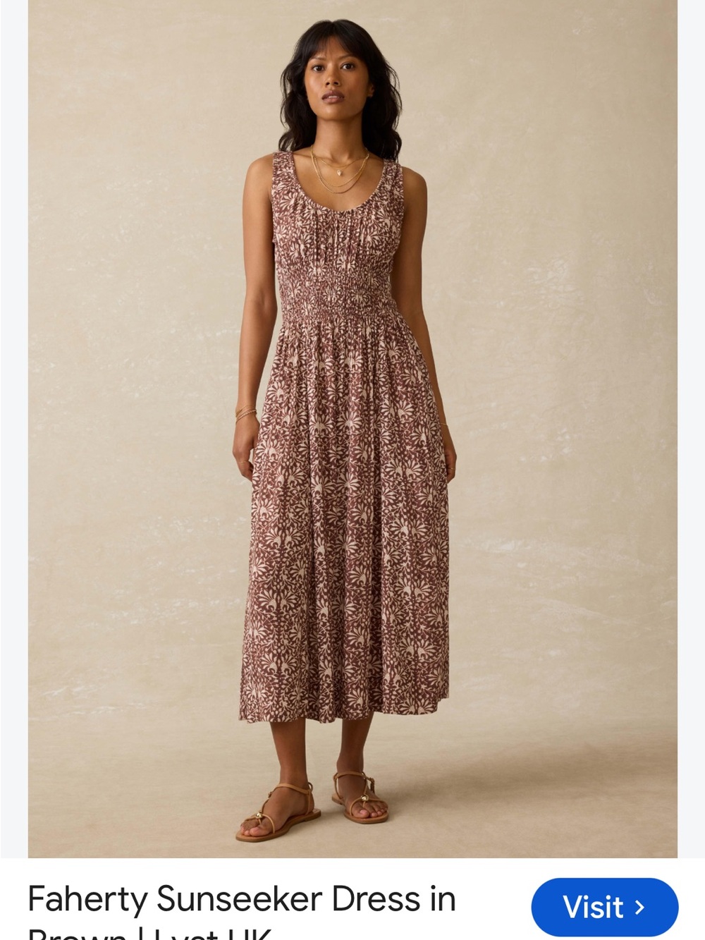 Faherty Sunseeker Brown and White Smocked Waist Midi Sundress NWT Size L